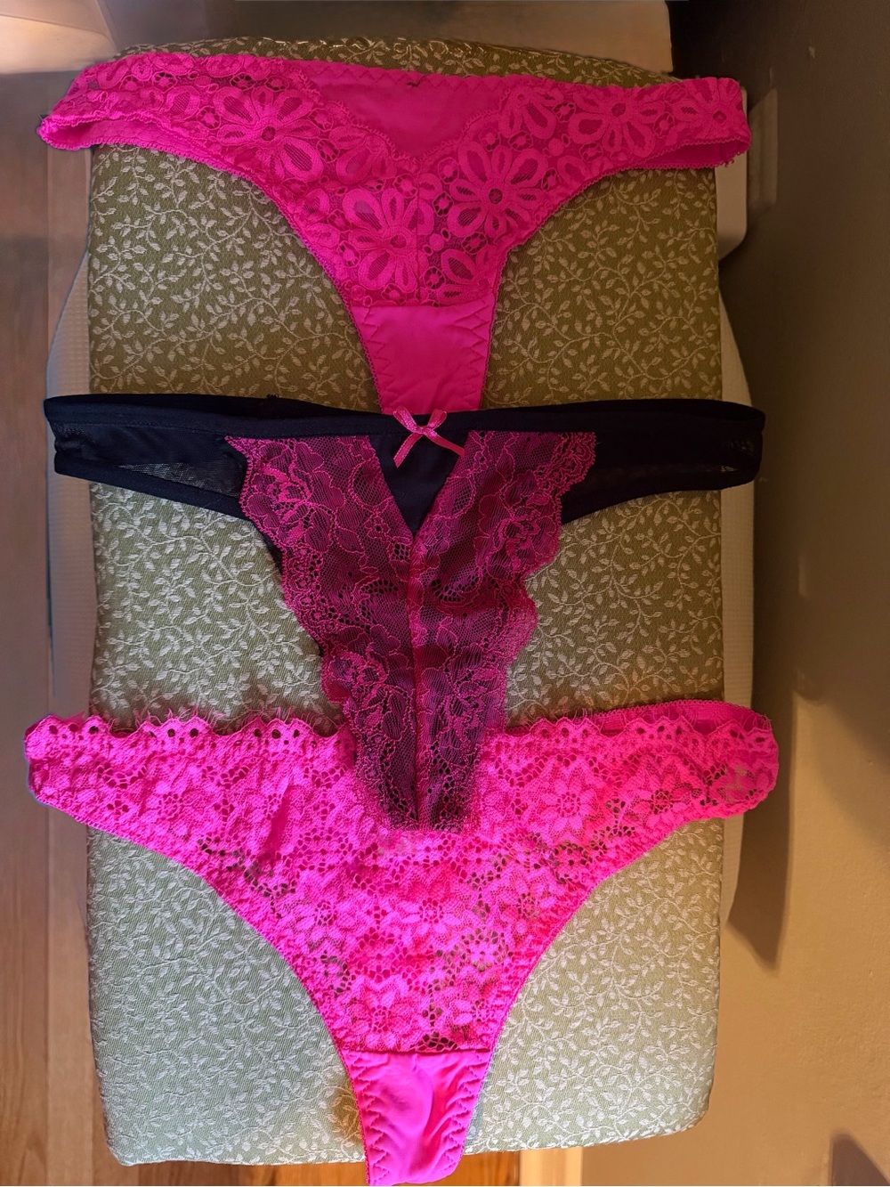 Women's Hot Pink Lace Thong Panty Trio - Floral Lace Detail